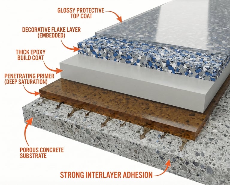 Cross-section diagram of decorative epoxy flooring system showing layers from concrete substrate to glossy protective top coat with flake elements